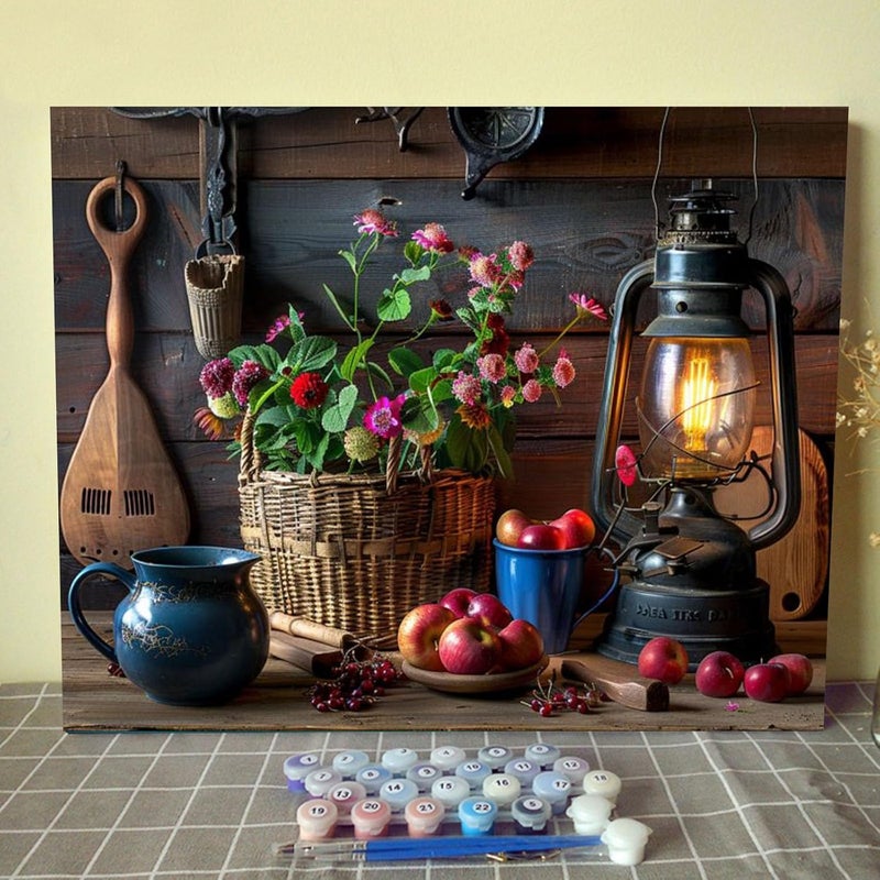 Aihonmin Rustic Style DIY Oil Painting on Canvas 16x20 Inch Paint by Numbers for Adults Kids Flower Oil Lamp and Apple Acrylic Pigment Watercolor Paint Kits Retro European Style Home Wall Decor(Frameless) - Image 1